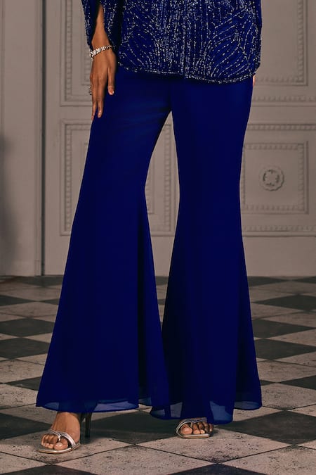 Studio22 By Pulkita Arora Bajaj_Blue Georgette Sequins, Beads Round Neck Saphire Embellished Hem Top And Pant Set _Online_at_Aza_Fashions
