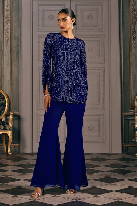 Studio22 By Pulkita Arora Bajaj Saphire Embellished Rounded Hem Top & Pant Set 