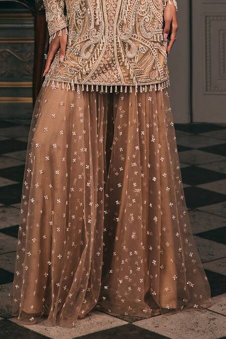 Studio22 By Pulkita Arora Bajaj_Beige Net Embroidery, Tassels V-neck Valeria Kurta Set _Online_at_Aza_Fashions