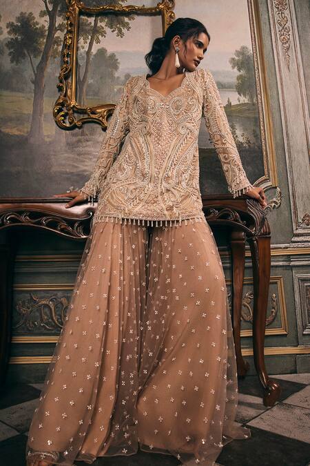 Shop_Studio22 By Pulkita Arora Bajaj_Beige Net Embroidery, Tassels V-neck Valeria Kurta Set _Online_at_Aza_Fashions