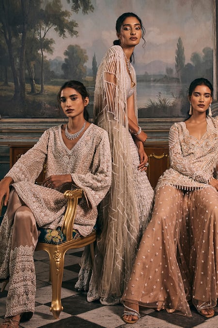 Buy_Studio22 By Pulkita Arora Bajaj_Gold Organza Beads, Sequins, Glorious Hand A-line Kurta And Straight Pant Set _Online_at_Aza_Fashions