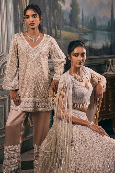 Shop_Studio22 By Pulkita Arora Bajaj_Gold Organza Beads, Sequins, Glorious Hand A-line Kurta And Straight Pant Set _Online_at_Aza_Fashions
