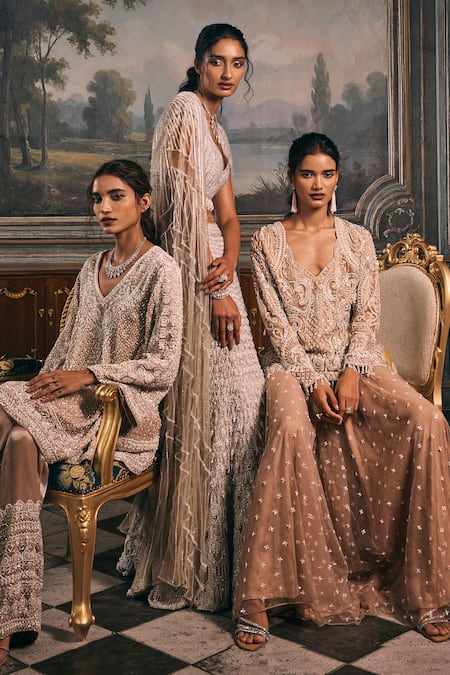 Studio22 By Pulkita Arora Bajaj_Gold Organza Beads, Sequins, Glorious Hand A-line Kurta And Straight Pant Set _at_Aza_Fashions