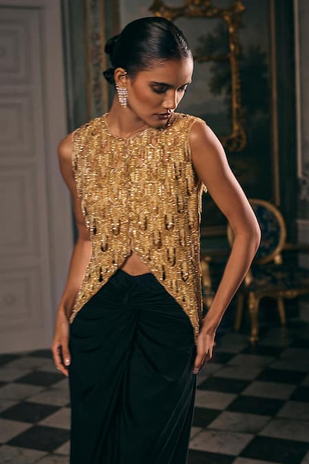 Studio22 By Pulkita Arora Bajaj_Black Lycra, Organza Radiant Cutwork Embroidered Top Draped Skirt And Jacket _Online_at_Aza_Fashions