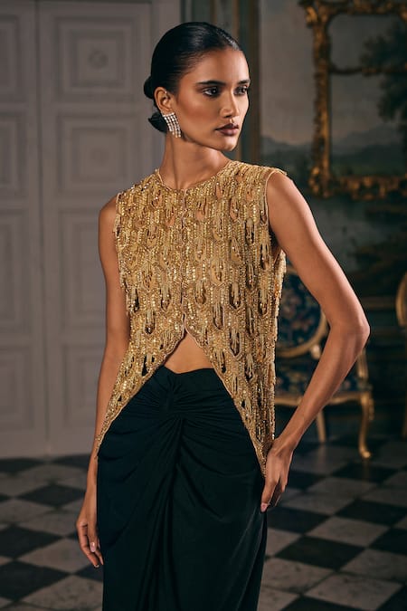 Shop_Studio22 By Pulkita Arora Bajaj_Black Lycra, Organza Radiant Cutwork Embroidered Top Draped Skirt And Jacket _Online_at_Aza_Fashions