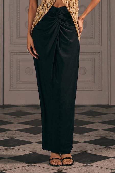 Studio22 By Pulkita Arora Bajaj_Black Lycra, Organza Radiant Cutwork Embroidered Top Draped Skirt And Jacket _at_Aza_Fashions