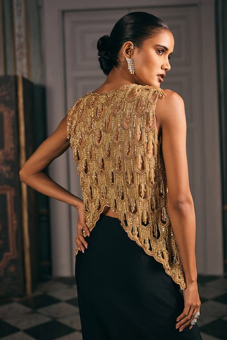 Buy_Studio22 By Pulkita Arora Bajaj_Black Lycra, Organza Radiant Cutwork Embroidered Top Draped Skirt And Jacket 