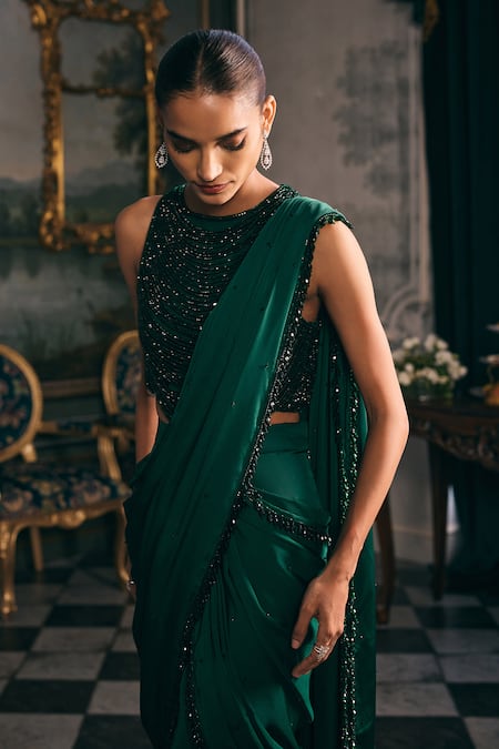 Studio22 By Pulkita Arora Bajaj_Emerald Green Satin Tassels, Beads, Lustrous Pre-draped Lehenga Saree And Blouse _Online_at_Aza_Fashions