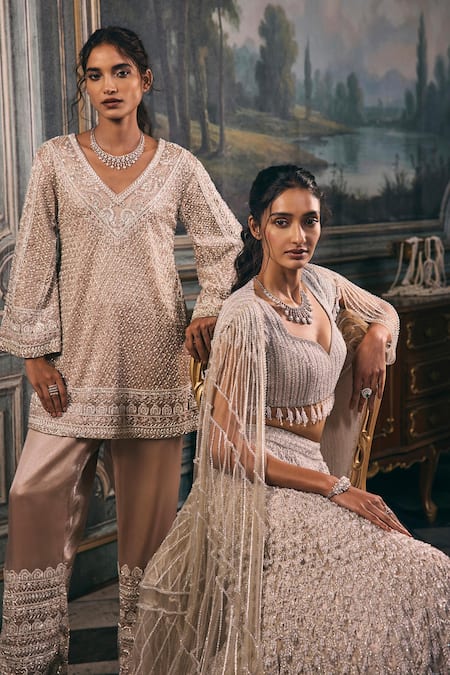 Buy_Studio22 By Pulkita Arora Bajaj_Ivory Net, Shantoon Sequins, Beads, Grandiose Embellished Mermaid Lehenga Set _Online_at_Aza_Fashions