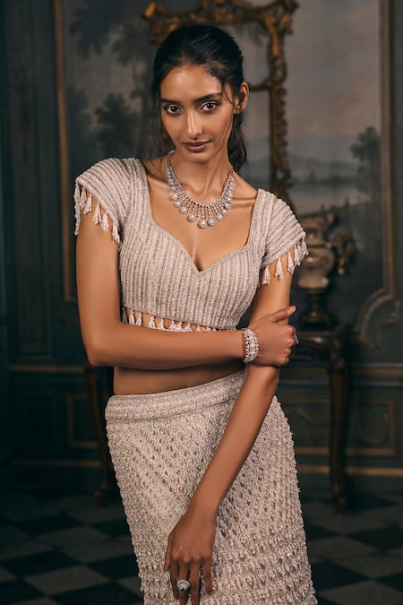 Studio22 By Pulkita Arora Bajaj_Ivory Net, Shantoon Sequins, Beads, Grandiose Embellished Mermaid Lehenga Set _at_Aza_Fashions