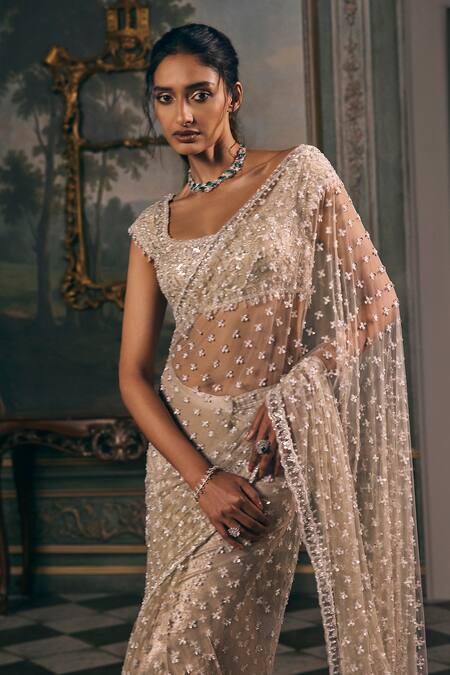 Studio22 By Pulkita Arora Bajaj_Ivory Net Beads, Sequins, Embroidery Rosetta Starry Pre-draped Saree With Blouse _Online_at_Aza_Fashions