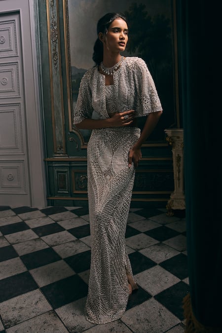 Studio22 By Pulkita Arora Bajaj_Beige Net, Shantoon Etoile Embellished Geometric Skirt Blouse And Jacket Set _Online_at_Aza_Fashions