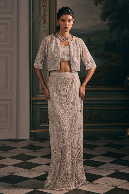 Studio22 By Pulkita Arora Bajaj Etoile Embellished Geometric Skirt Blouse & Jacket Set 