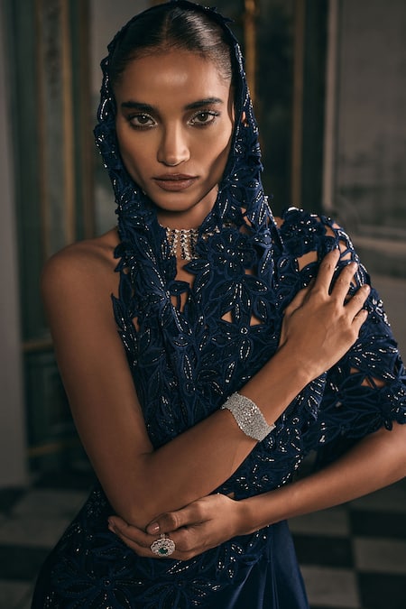 Buy_Studio22 By Pulkita Arora Bajaj_Navy Chiffon Beads, Sequins, Cut Work, Ornate One Draped Saree With Cutwork _Online_at_Aza_Fashions