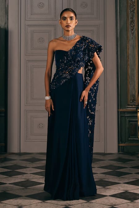 Studio22 By Pulkita Arora Bajaj Ornate One Shoulder Draped Saree With Cutwork Applique 