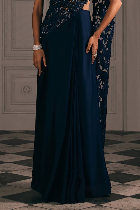 Shop_Studio22 By Pulkita Arora Bajaj_Navy Chiffon Beads, Sequins, Cut Work, Ornate One Draped Saree With Cutwork _Online_at_Aza_Fashions