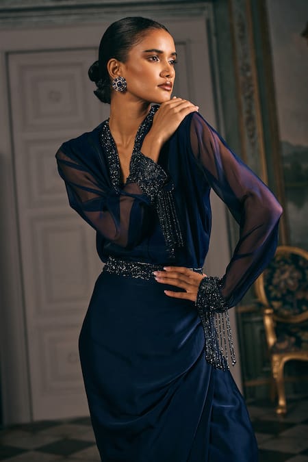 Studio22 By Pulkita Arora Bajaj_Navy Organza, Satin Beads, Altair Draped Skirt And Sheer Embroidered Blouse Set _Online_at_Aza_Fashions