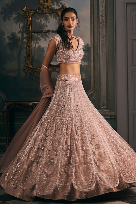 Buy_Studio22 By Pulkita Arora Bajaj_Pink Net, Shantoon Embroidery, Divine Scalloped Kalis Tonal Lehenga Set 