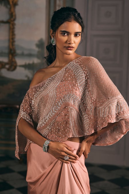 Studio22 By Pulkita Arora Bajaj_Pink Satin Off-shoulder Nova Cape Set With Crystal Embroidery _Online_at_Aza_Fashions