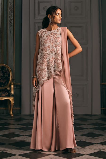 Studio22 By Pulkita Arora Bajaj_Pink Organza, Satin Pearls, Embroidery Baroque Asymmetrical Top And Sharara Set _Online_at_Aza_Fashions