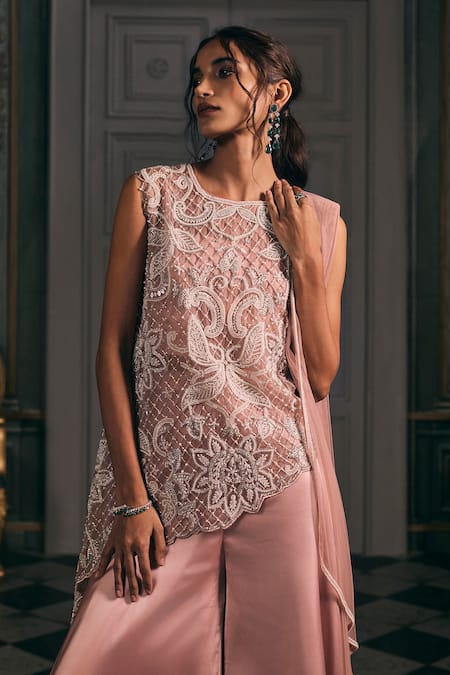 Buy_Studio22 By Pulkita Arora Bajaj_Pink Organza, Satin Pearls, Embroidery Baroque Asymmetrical Top And Sharara Set _Online_at_Aza_Fashions
