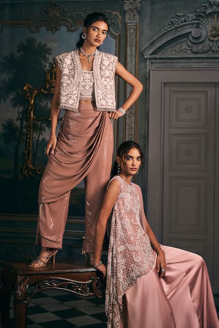 Shop_Studio22 By Pulkita Arora Bajaj_Pink Organza, Satin Pearls, Embroidery Baroque Asymmetrical Top And Sharara Set _Online_at_Aza_Fashions