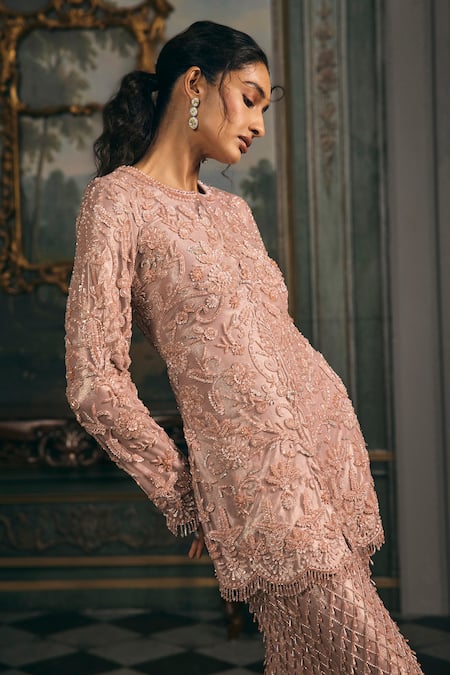 Studio22 By Pulkita Arora Bajaj_Blush Net, Shantoon Embroidery, Aurelia Tonal Indo-western Kurta And Pant Set _Online_at_Aza_Fashions