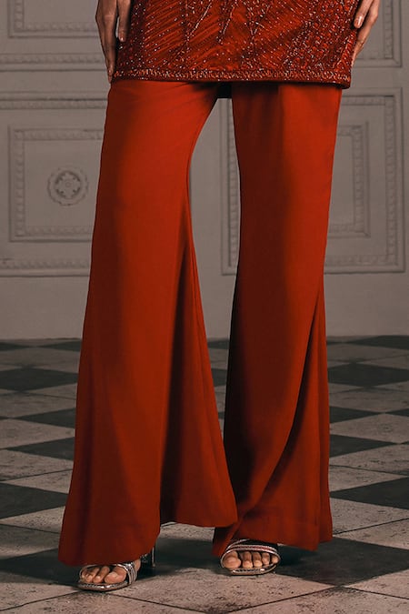Studio22 By Pulkita Arora Bajaj_Red Georgette Embroidery Halter Neck Scarlet Tunic And Flared Pant Set With Tonal _Online_at_Aza_Fashions