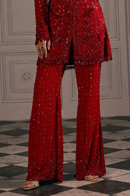 Studio22 By Pulkita Arora Bajaj_Red Georgette Sequins, Embroidery, Beads Regal Tonal Kurta And Palazzo Set _Online_at_Aza_Fashions