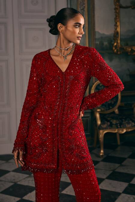 Shop_Studio22 By Pulkita Arora Bajaj_Red Georgette Sequins, Embroidery, Beads Regal Tonal Kurta And Palazzo Set 