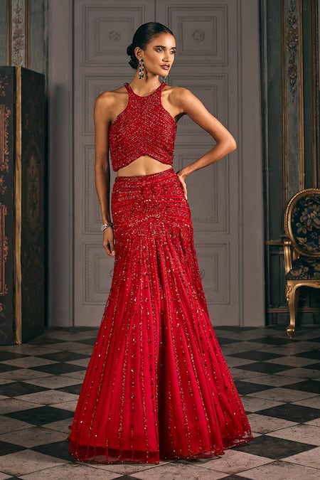 Studio22 By Pulkita Arora Bajaj Red Net Beads, Crystals, Sequins, Ignis Geometric Hand Blouse Lehenga Set Online at Aza Fashions Studio22 By Pulkita Arora Bajaj_Red Net Beads, Crystals, Sequins, Ignis Geometric Hand Blouse Lehenga Set _Online_at_Aza_Fashions