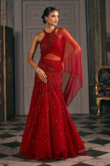 Studio22 By Pulkita Arora Bajaj Ignis Geometric Hand Embroidered Halter Blouse Lehenga Set 