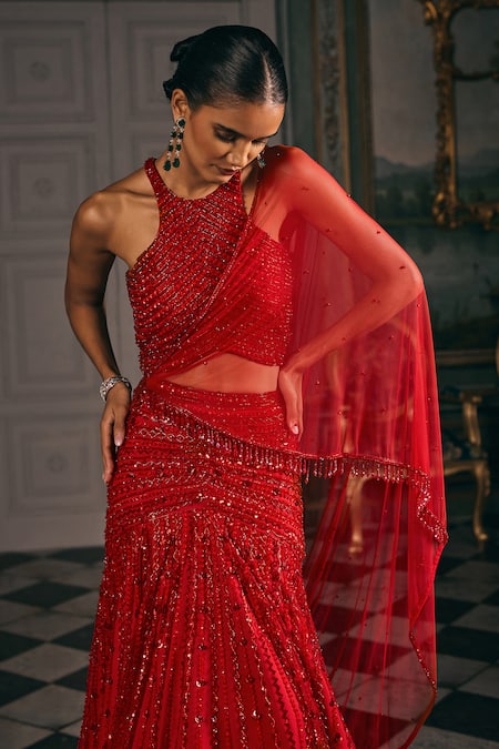 Shop Studio22 By Pulkita Arora Bajaj Red Net Beads, Crystals, Sequins, Ignis Geometric Hand Blouse Lehenga Set Online at Aza Fashions Shop_Studio22 By Pulkita Arora Bajaj_Red Net Beads, Crystals, Sequins, Ignis Geometric Hand Blouse Lehenga Set _Online_at_Aza_Fashions