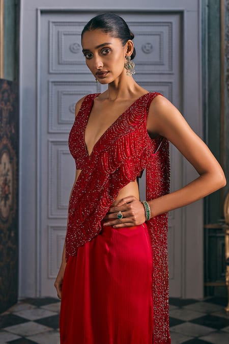 Studio22 By Pulkita Arora Bajaj_Red Satin Beads, Crystals, Tassels V-neck Regina Draped Saree With Blouse _Online_at_Aza_Fashions