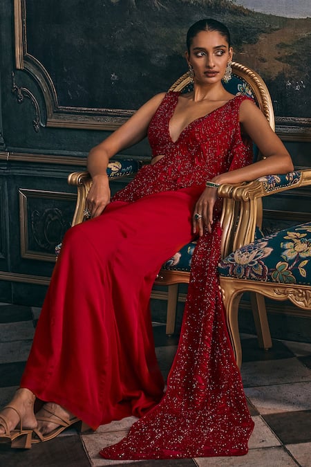 Studio22 By Pulkita Arora Bajaj Regina Tasseled Crystal Draped Saree With Blouse 