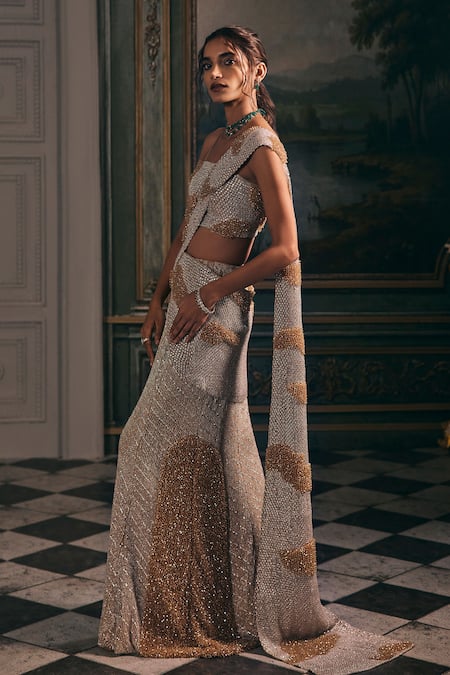 Studio22 By Pulkita Arora Bajaj_Gold Satin Crystals, Sequins, Beads, Embroidery Divina Draped Saree With Blouse _Online_at_Aza_Fashions