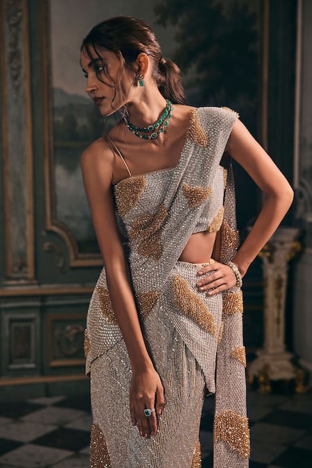 Buy_Studio22 By Pulkita Arora Bajaj_Gold Satin Crystals, Sequins, Beads, Embroidery Divina Draped Saree With Blouse _Online_at_Aza_Fashions