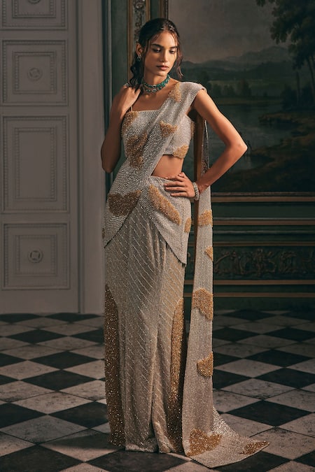 Shop_Studio22 By Pulkita Arora Bajaj_Gold Satin Crystals, Sequins, Beads, Embroidery Divina Draped Saree With Blouse _Online_at_Aza_Fashions