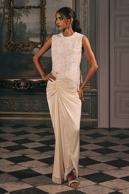 Studio22 By Pulkita Arora Bajaj Pristine Embellished Fringe Blouse & Draped Skirt Set 