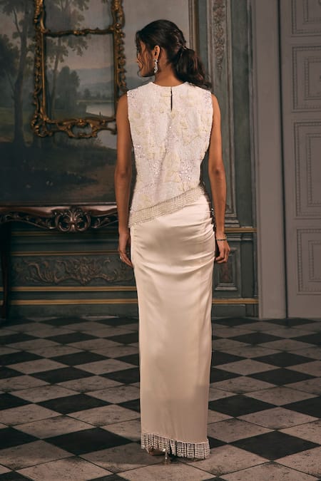 Studio22 By Pulkita Arora Bajaj Pristine Embellished Fringe Blouse & Draped Skirt Set 