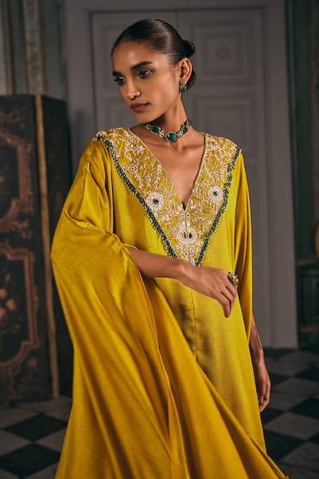 Studio22 By Pulkita Arora Bajaj_Mustard Silk Embroidery V-neck Jolie Kaftan Kurta And Sharara Set _Online_at_Aza_Fashions