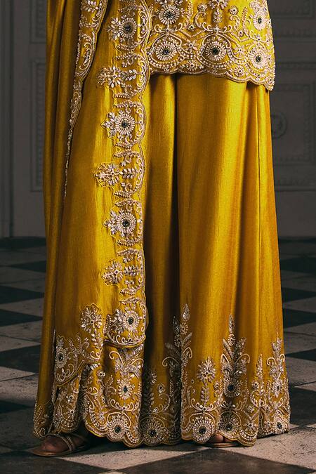 Studio22 By Pulkita Arora Bajaj_Mustard Silk Embroidery, Zari Round Neck Soleil Floral Kurta Sharara Set _Online_at_Aza_Fashions