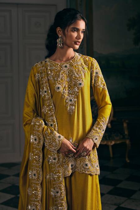 Buy_Studio22 By Pulkita Arora Bajaj_Mustard Silk Embroidery, Zari Round Neck Soleil Floral Kurta Sharara Set _Online_at_Aza_Fashions
