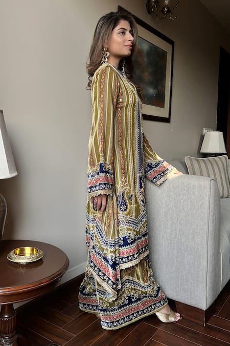 Buy Surkh Syahi Olive Green Velvet Round Neck Mehar A-line Kurta And Palazzo Set Online at Aza Fashions Buy_Surkh Syahi_Olive Green Velvet Round Neck Mehar A-line Kurta And Palazzo Set _Online_at_Aza_Fashions
