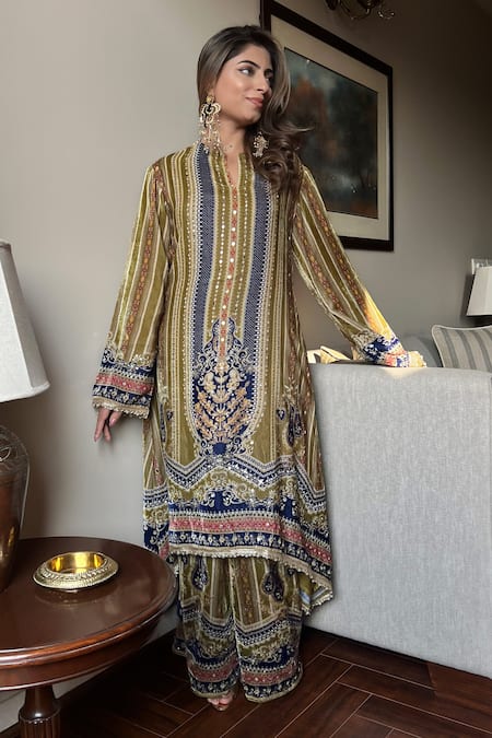 Shop Surkh Syahi Olive Green Velvet Round Neck Mehar A-line Kurta And Palazzo Set Online at Aza Fashions Shop_Surkh Syahi_Olive Green Velvet Round Neck Mehar A-line Kurta And Palazzo Set _Online_at_Aza_Fashions