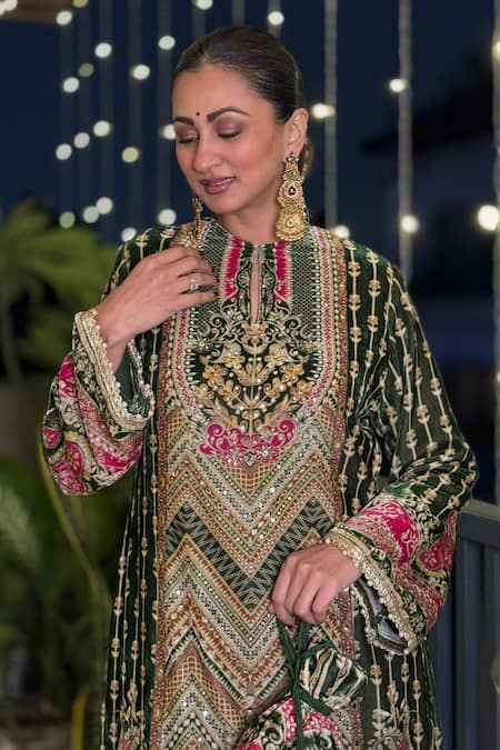 Surkh Syahi Olive Green Velvet Embroidery, Sequins Mandarin Naaz A-line Kurta And Palazzo Set Online at Aza Fashions Surkh Syahi_Olive Green Velvet Embroidery, Sequins Mandarin Naaz A-line Kurta And Palazzo Set _Online_at_Aza_Fashions