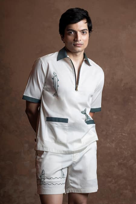 Vaani Beswal Ivory Cotton Embroidery Pearl Diver Fish Shirt And Shorts Set Online at Aza Fashions Vaani Beswal_Ivory Cotton Embroidery Pearl Diver Fish Shirt And Shorts Set _Online_at_Aza_Fashions