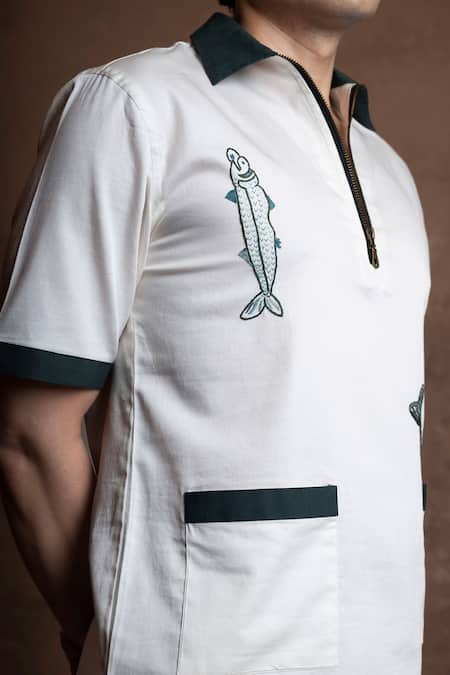 Buy Vaani Beswal Ivory Cotton Embroidery Pearl Diver Fish Shirt And Shorts Set Online at Aza Fashions Buy_Vaani Beswal_Ivory Cotton Embroidery Pearl Diver Fish Shirt And Shorts Set _Online_at_Aza_Fashions