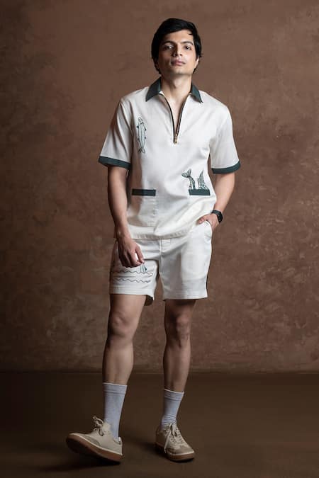 Vaani Beswal Ivory Cotton Embroidery Pearl Diver Fish Shirt And Shorts Set at Aza Fashions Vaani Beswal_Ivory Cotton Embroidery Pearl Diver Fish Shirt And Shorts Set _at_Aza_Fashions