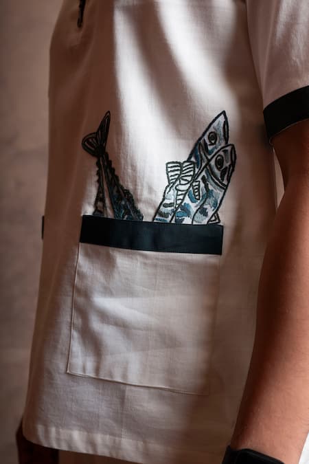 Buy Vaani Beswal Ivory Cotton Embroidery Pearl Diver Fish Shirt And Shorts Set Buy_Vaani Beswal_Ivory Cotton Embroidery Pearl Diver Fish Shirt And Shorts Set